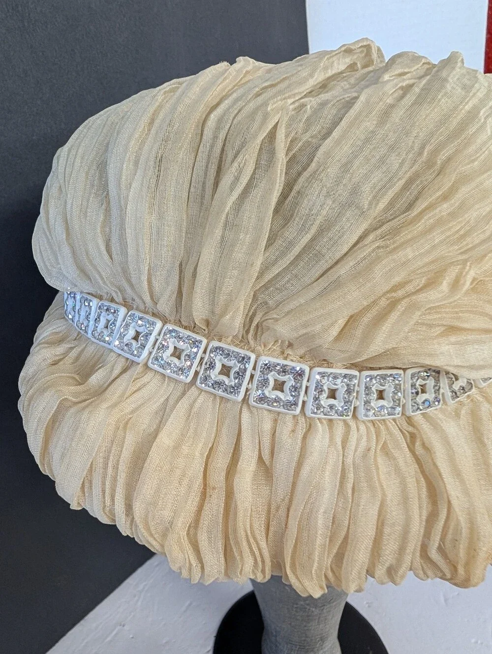 Vintage Hat Cream Rhinestone Art Deco Bed Cap By John Frederic - Picture 2 of 10